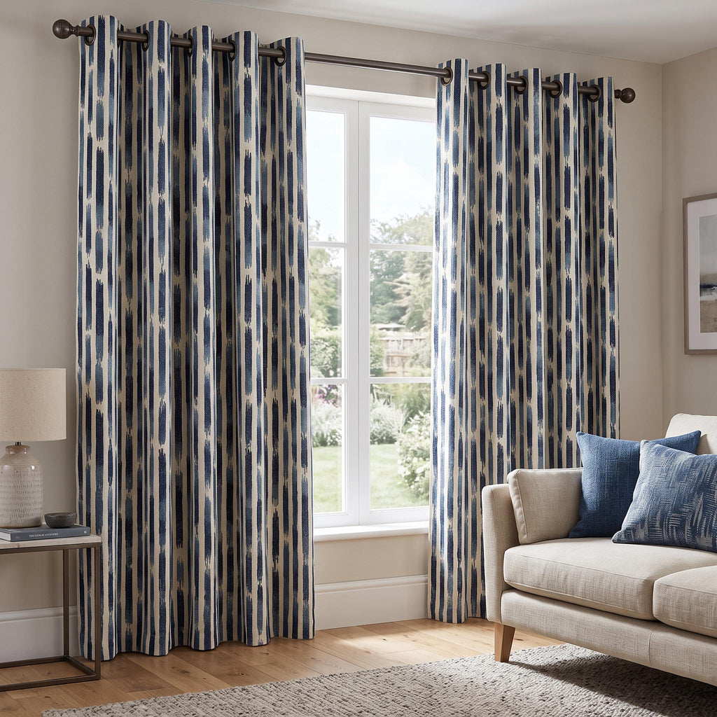 Blue Brushstroke Striped Curtain Panel, Textured Woven Window Treatment, Navy and Light Blue Distressed Stripe Custom Drape for Living Room
